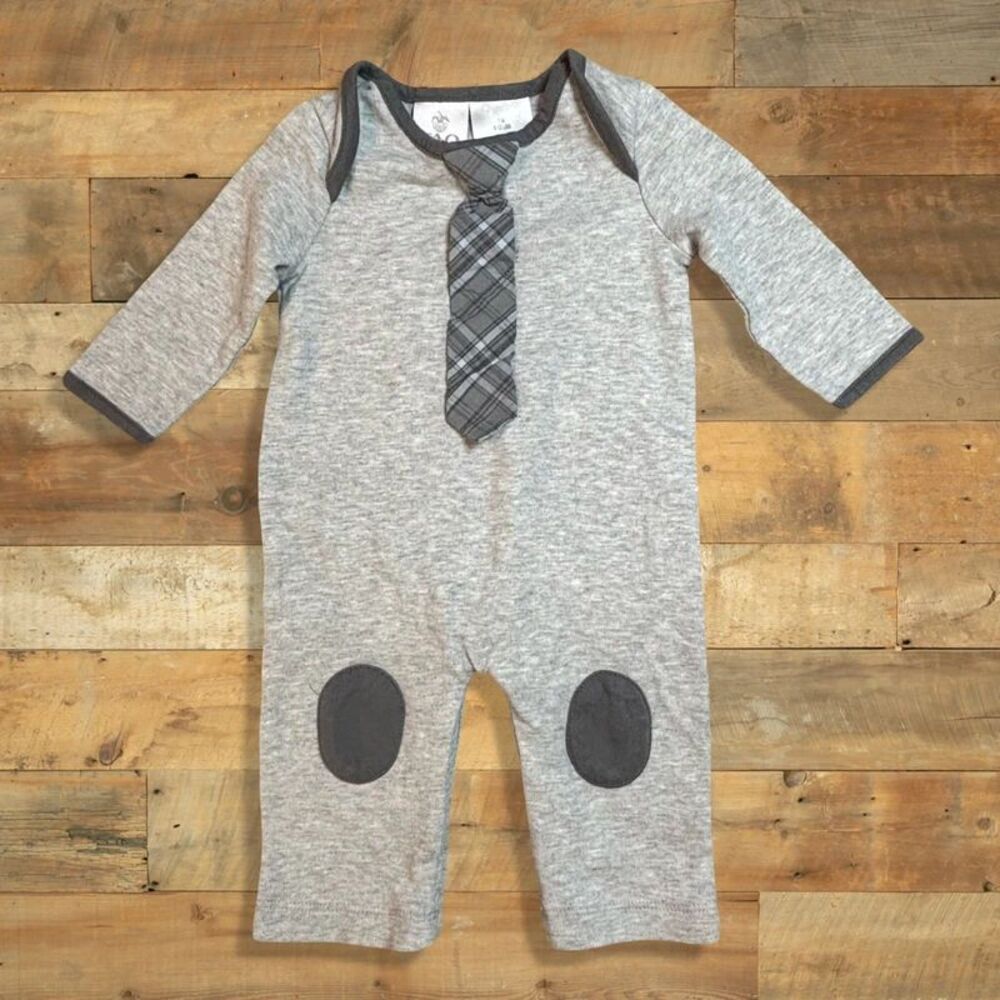 FAO Schwarz Baby Boy 3M Gray Plaid Tie Romper Knee Patch Long Sleeve